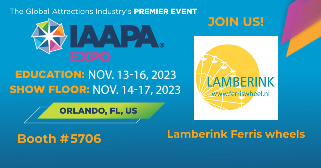 Ogłoszenie obecności na wystawie diabelskich młynów Lamberink IAAPA w Orlando na Florydzie w 2023 r.